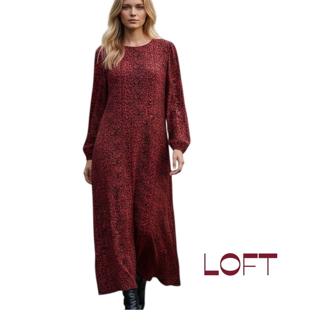 LOFT Red Black Animal Print Long Sleeve Maxi Dress NWOT Size 14 Cottage Boho